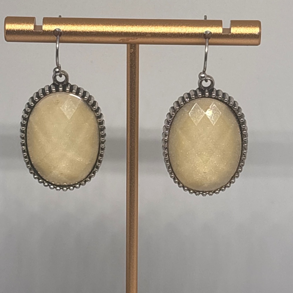 Drop Earrings Silver Tone Faceted Resin Oval Neutral Champagne